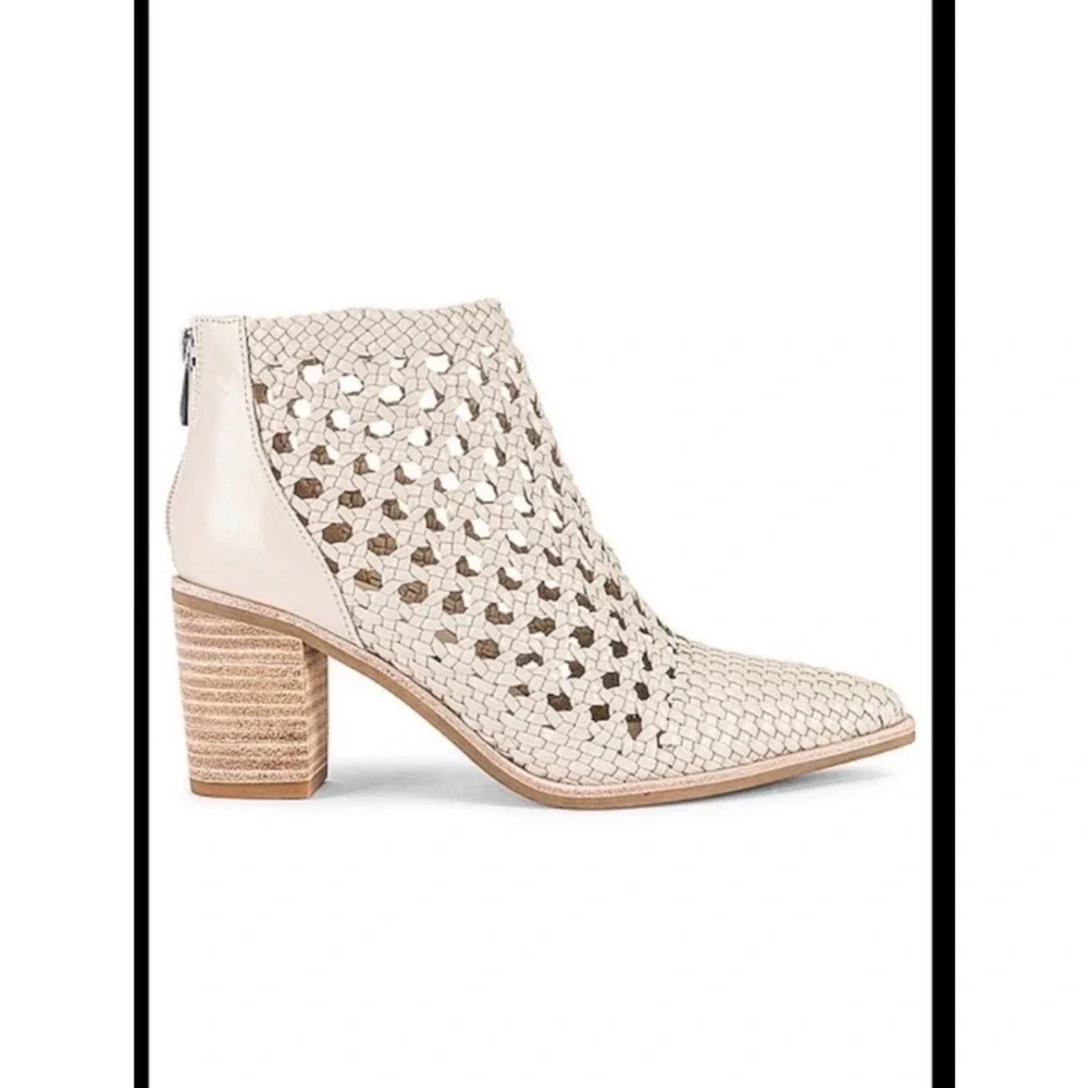 Woven Leather Pointed Toe Ankle Boots Cream‎ Block Heel Back Zip Size 7.5